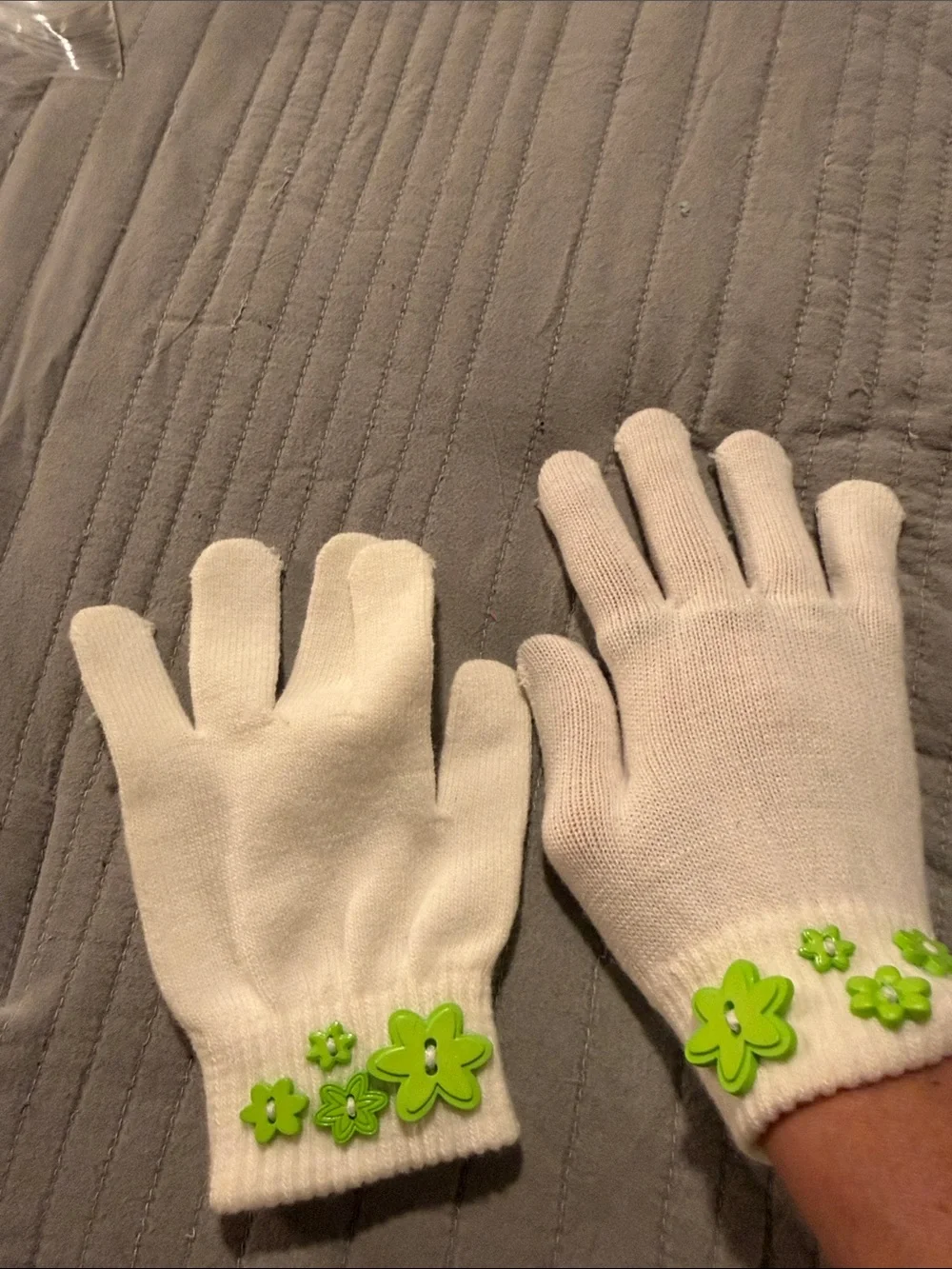 Kids White Gloves with Green Flower Accents